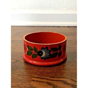 vtg 70s boho wooden jewelry bowl hand painted‎ orange floral home decor gift